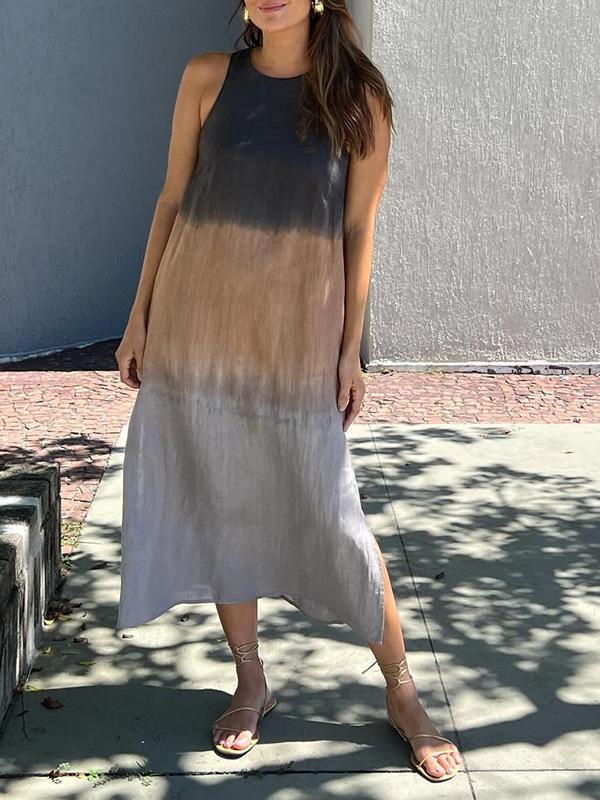 💃Lässiges langes Kleid aus Baumwolle und Leinen, ärmellos, mit Schlitz und Farbverlauf