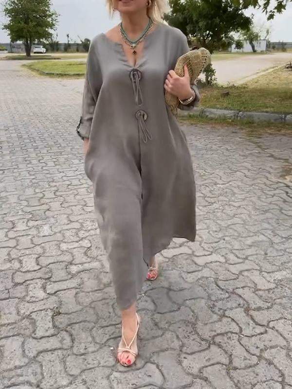 👗✨Lässiges Kleid mit V-Ausschnitt aus Baumwolle und Leinen