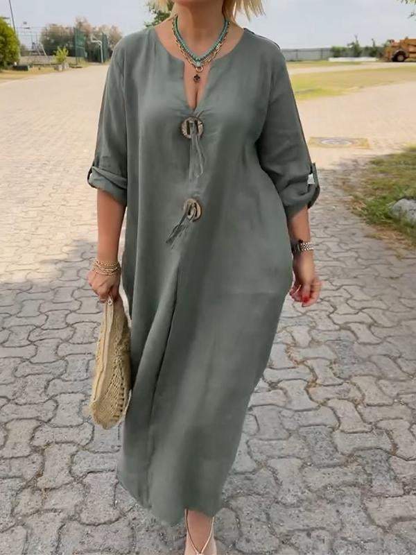 👗✨Lässiges Kleid mit V-Ausschnitt aus Baumwolle und Leinen