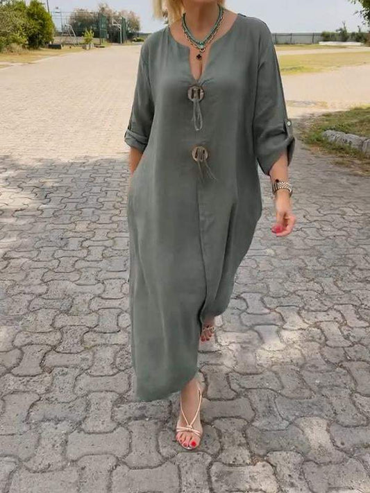 👗✨Lässiges Kleid mit V-Ausschnitt aus Baumwolle und Leinen