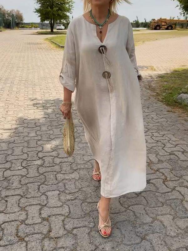 👗✨Lässiges Kleid mit V-Ausschnitt aus Baumwolle und Leinen
