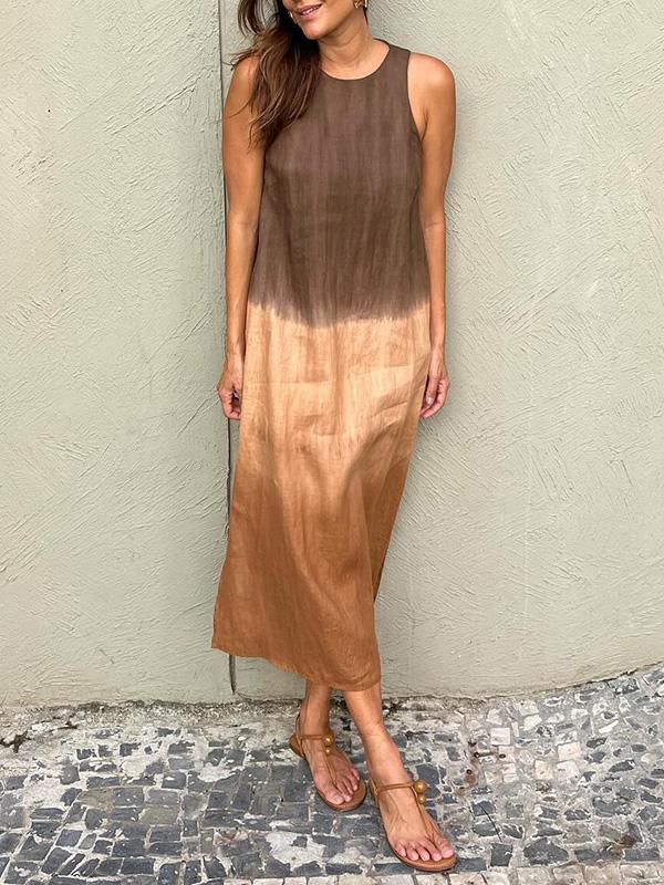 💃Lässiges langes Kleid aus Baumwolle und Leinen, ärmellos, mit Schlitz und Farbverlauf