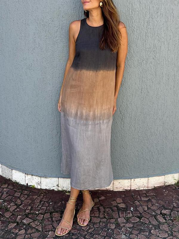 💃Lässiges langes Kleid aus Baumwolle und Leinen, ärmellos, mit Schlitz und Farbverlauf