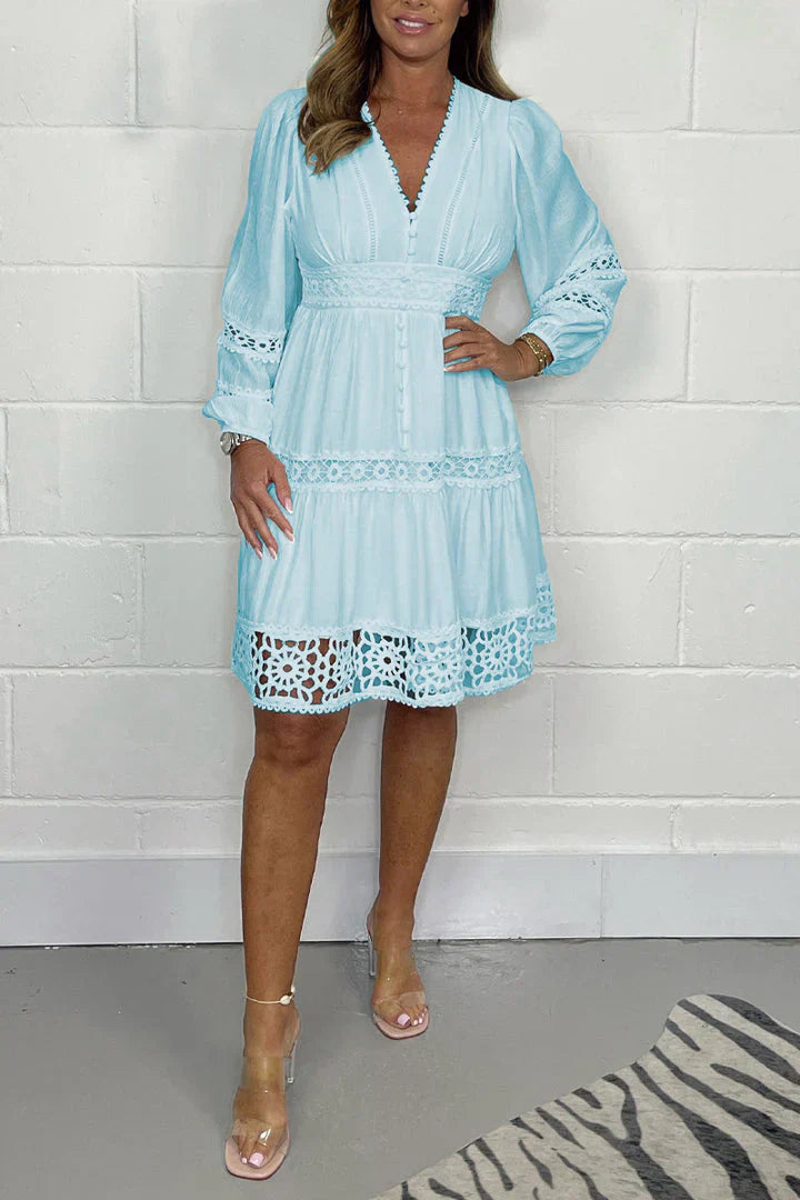 👗Vintage-Kleid mit ausgehöhlter Spitze und V-Ausschnitt für Damen