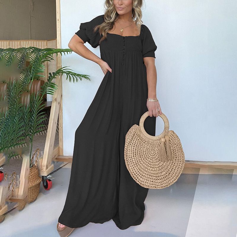 Damen Jumpsuit mit quadratischem Ausschnitt und gesmoktem Oberteil Knopf