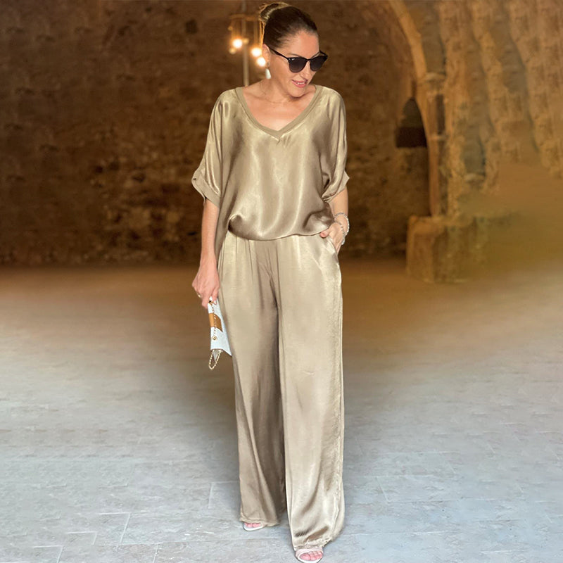 🎁Letzter Tag 50% Rabatt – Elegantes Glänzendes zweiteiliges Set mit V-Ausschnitt in Übergröße
