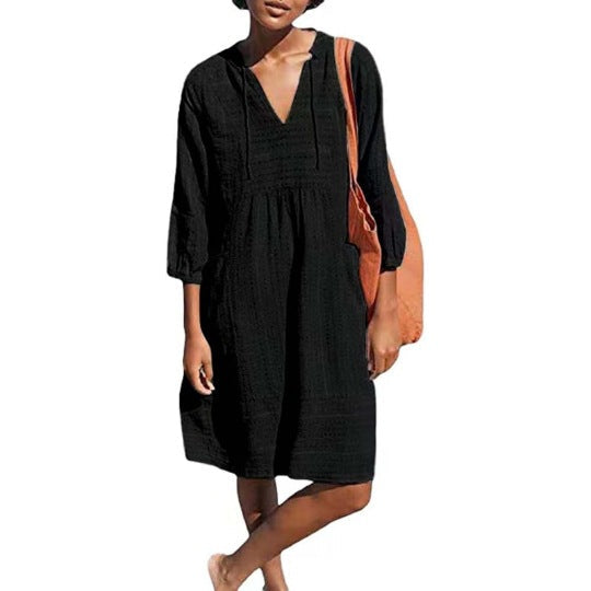 Sommerkleid aus Baumwolle und Leinen mit V-Ausschnitt für Damen