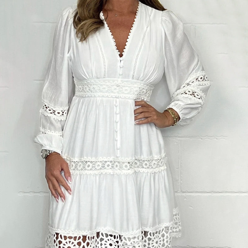 👗Vintage-Kleid mit ausgehöhlter Spitze und V-Ausschnitt für Damen