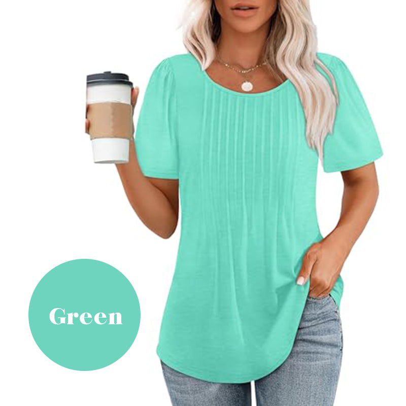 💖Kurzärmeliges Sommer-T-Shirt mit Rundhalsausschnitt und Falten