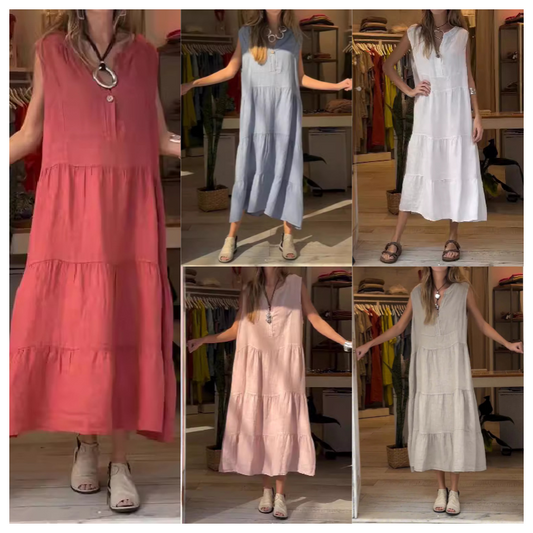 👗49% Rabatt🌸 Ärmelloses, gestuftes langes Damenkleid mit V-Ausschnitt und Knöpfen