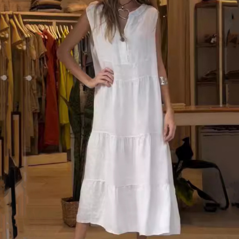 👗49% Rabatt🌸 Ärmelloses, gestuftes langes Damenkleid mit V-Ausschnitt und Knöpfen