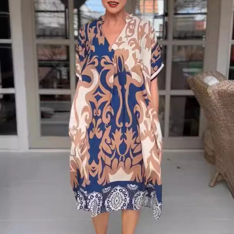 🎁49% Rabatt👗 Bedrucktes, lockeres Midikleid mit V-Ausschnitt