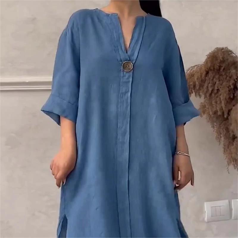 Lässiges, atmungsaktives Kleid in Volltonfarbe mit 3/4-Ärmeln und V-Ausschnitt