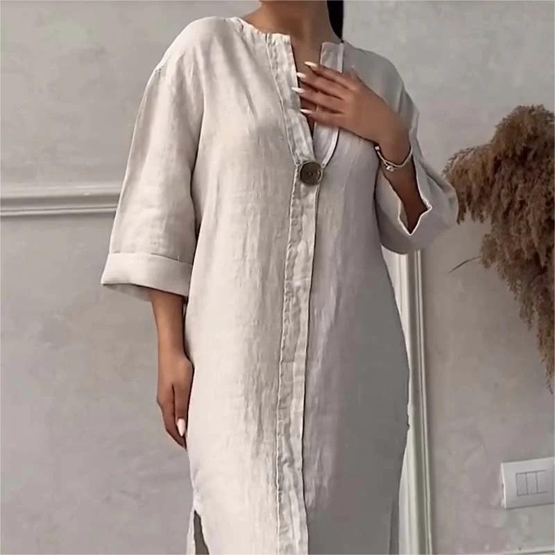 Lässiges, atmungsaktives Kleid in Volltonfarbe mit 3/4-Ärmeln und V-Ausschnitt