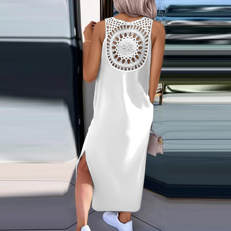 Einfarbiges mittellanges Damenkleid mit Rückenausschnitt