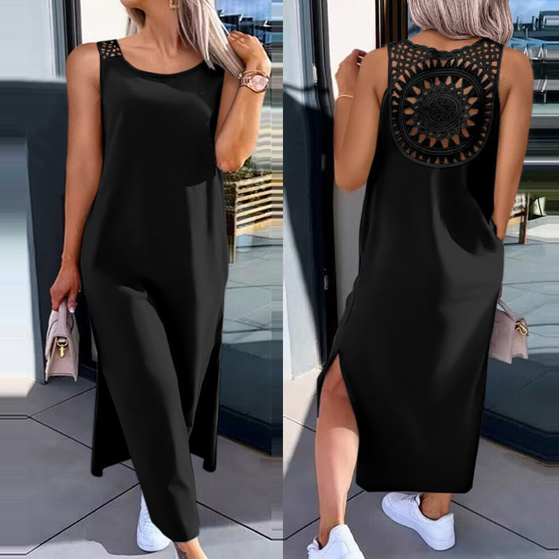 Einfarbiges mittellanges Damenkleid mit Rückenausschnitt