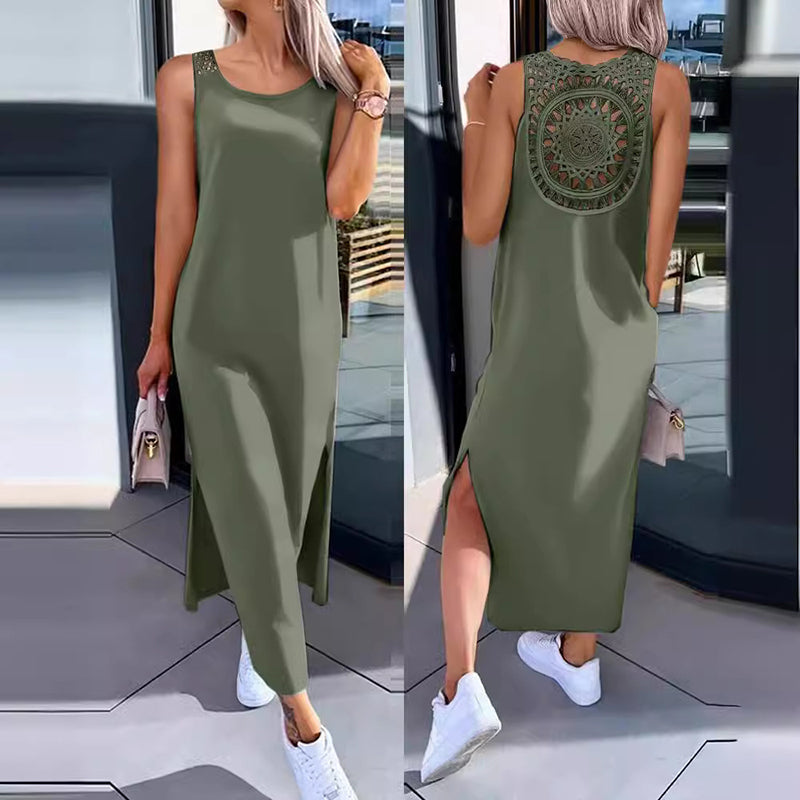 Einfarbiges mittellanges Damenkleid mit Rückenausschnitt