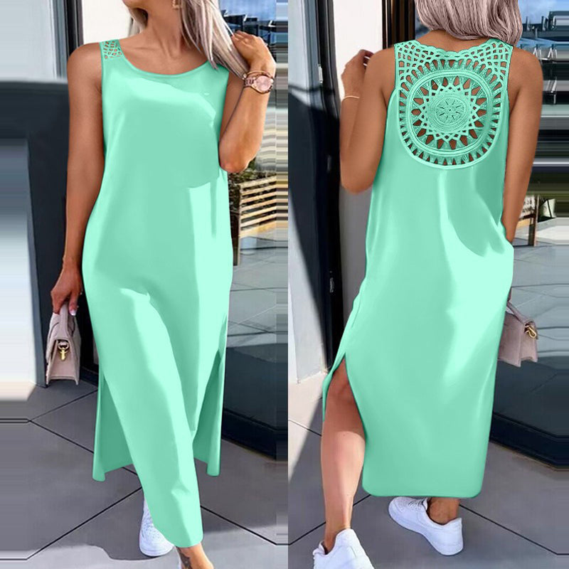 Einfarbiges mittellanges Damenkleid mit Rückenausschnitt