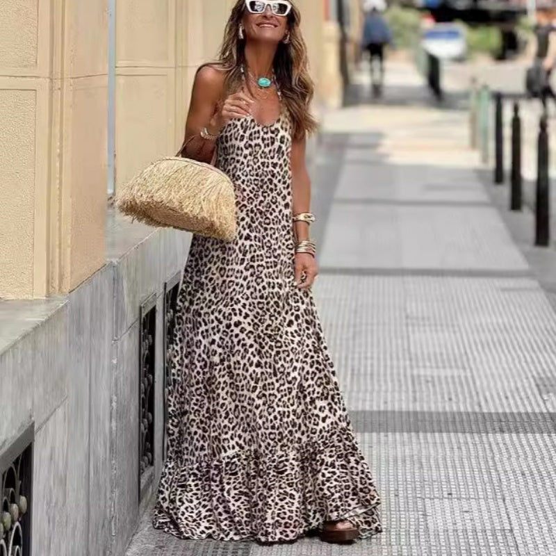 Sexy, rückenfreies, langes Neckholderkleid mit Leopardenmuster für Damen