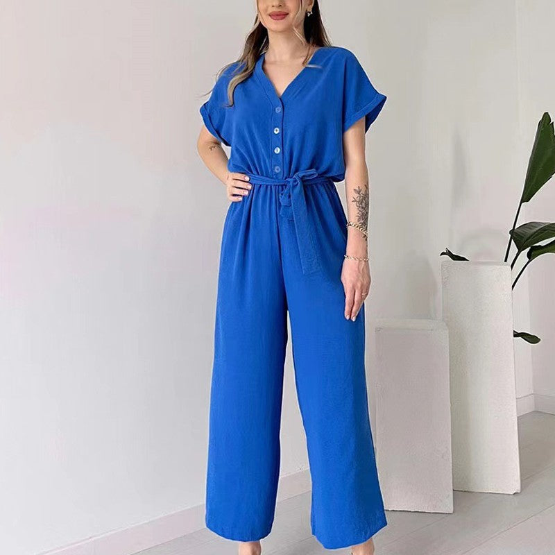 💖 Lässiger Damen-Overall mit V-Ausschnitt und kurzen Ärmeln