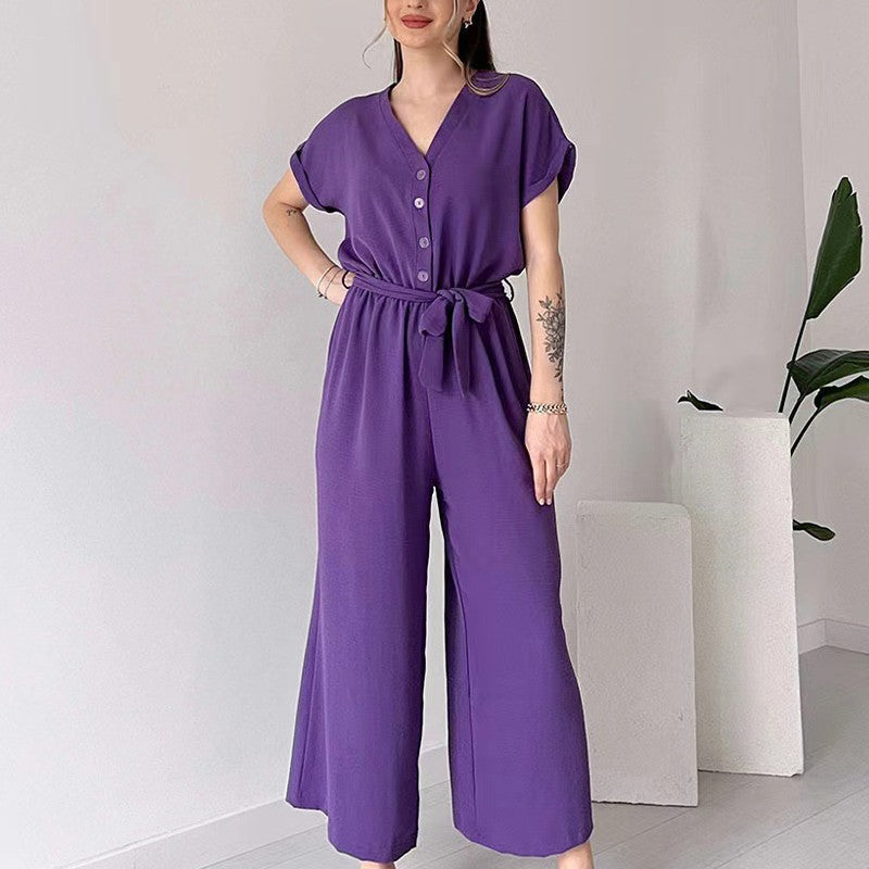 💖 Lässiger Damen-Overall mit V-Ausschnitt und kurzen Ärmeln