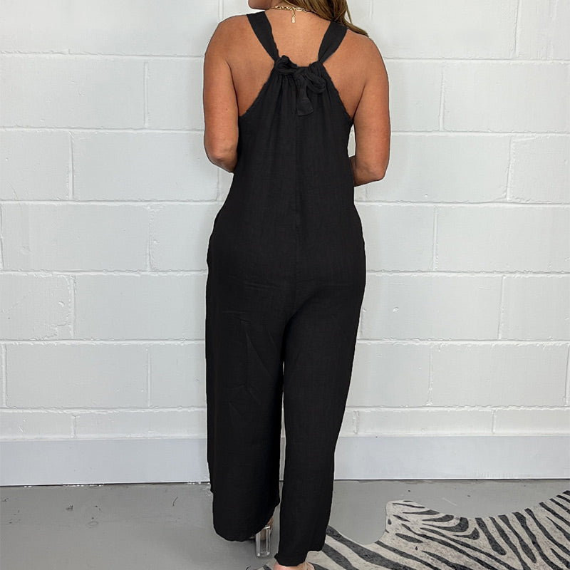 Ärmelloser Jumpsuit mit V-Ausschnitt und weitem Bein und langen Hosen