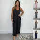 Ärmelloser Jumpsuit mit V-Ausschnitt und weitem Bein und langen Hosen