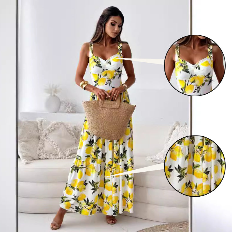 🍋Elegantes langes Kleid mit Spaghettiträgern und Zitronendruck für Frauen