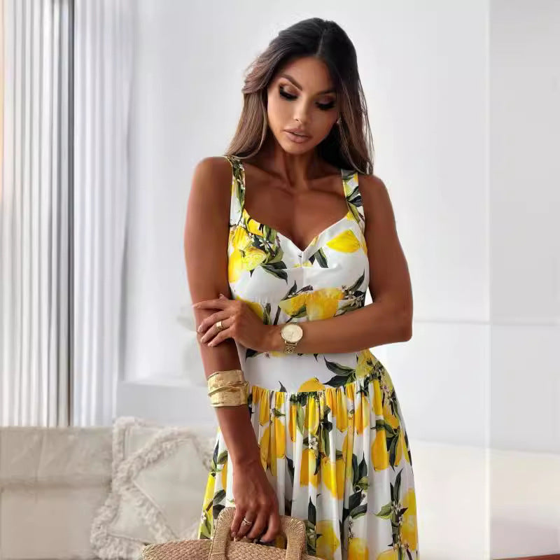 🍋Elegantes langes Kleid mit Spaghettiträgern und Zitronendruck für Frauen