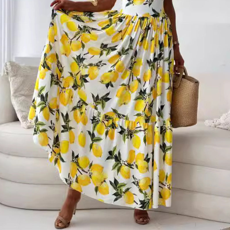 🍋Elegantes langes Kleid mit Spaghettiträgern und Zitronendruck für Frauen