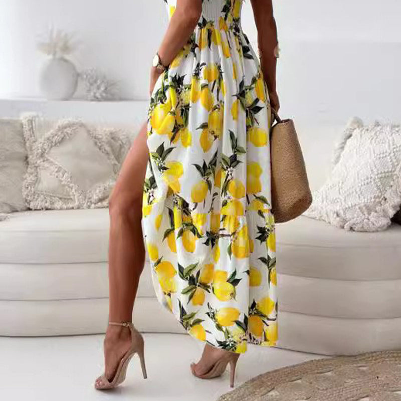 🍋Elegantes langes Kleid mit Spaghettiträgern und Zitronendruck für Frauen