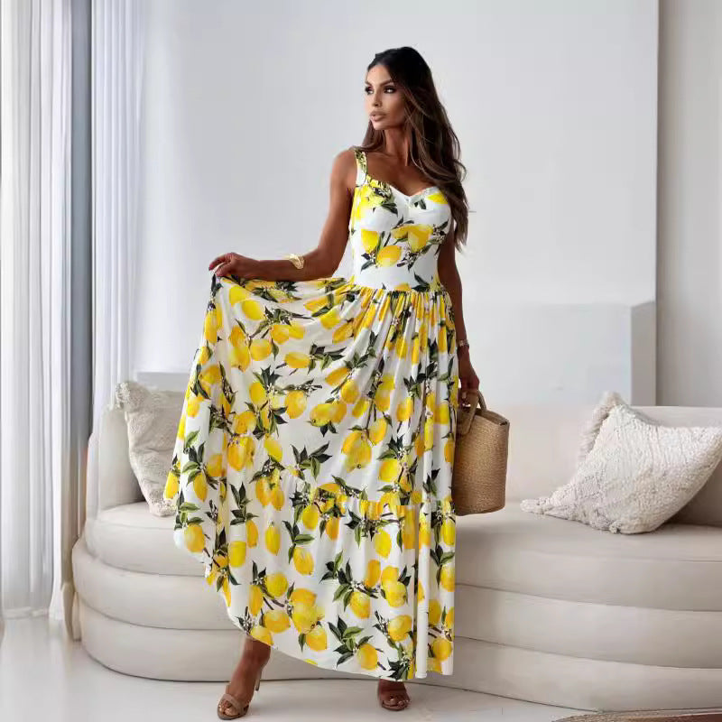 🍋Elegantes langes Kleid mit Spaghettiträgern und Zitronendruck für Frauen