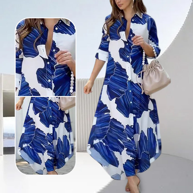 🌟Langärmeliges Kleid mit Blumenmuster und Kragen Flip