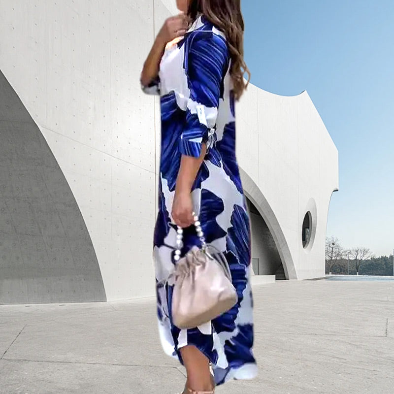🌟Langärmeliges Kleid mit Blumenmuster und Kragen Flip