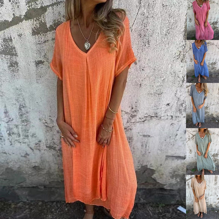🔥LETZTER TAG DES VERKAUFS 49 % RABATT🔥 Damenlockeres V-Ausschnitt-Kleid aus Baumwoll-Leinen