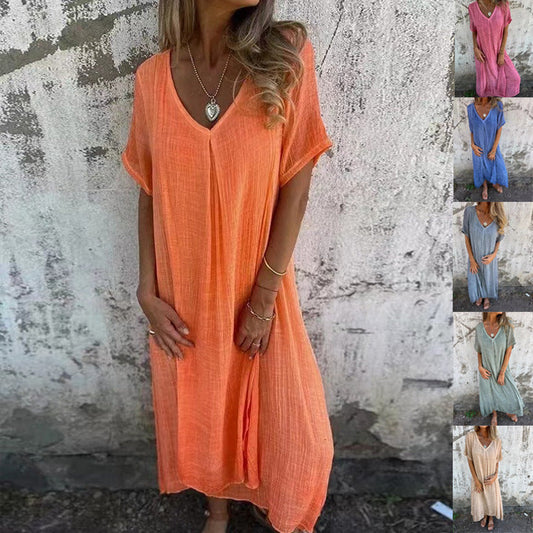 🔥Schneller Verkauf 50 % RABATT🔥 Lockeres Baumwoll-Leinen-Kleid mit V-Ausschnitt für Damen