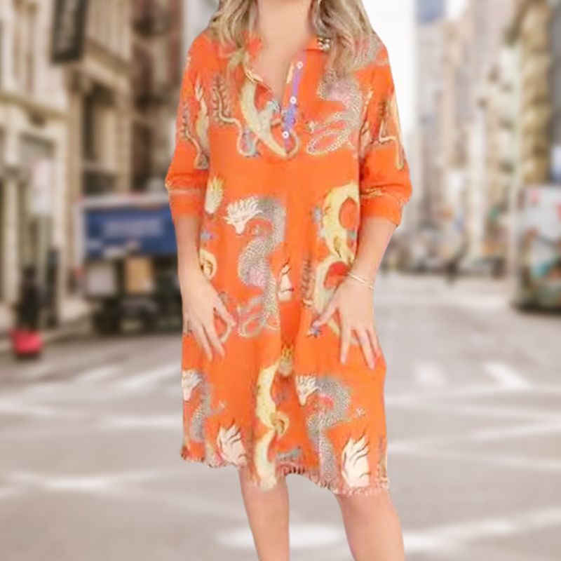 Lässiges elegantes Kleid mit Drachenprint und Hemdkragen für Damen