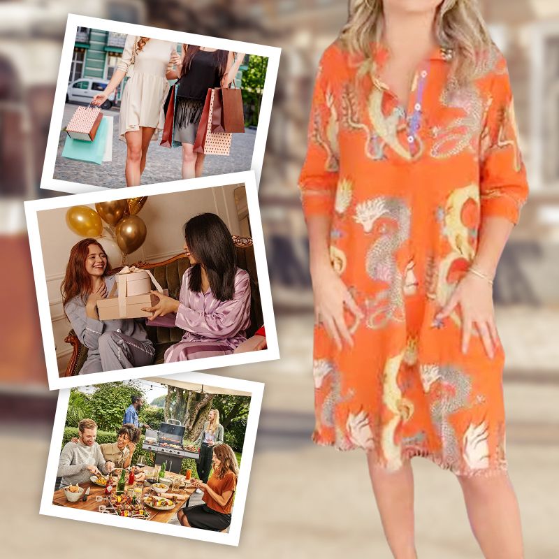Lässiges elegantes Kleid mit Drachenprint und Hemdkragen für Damen