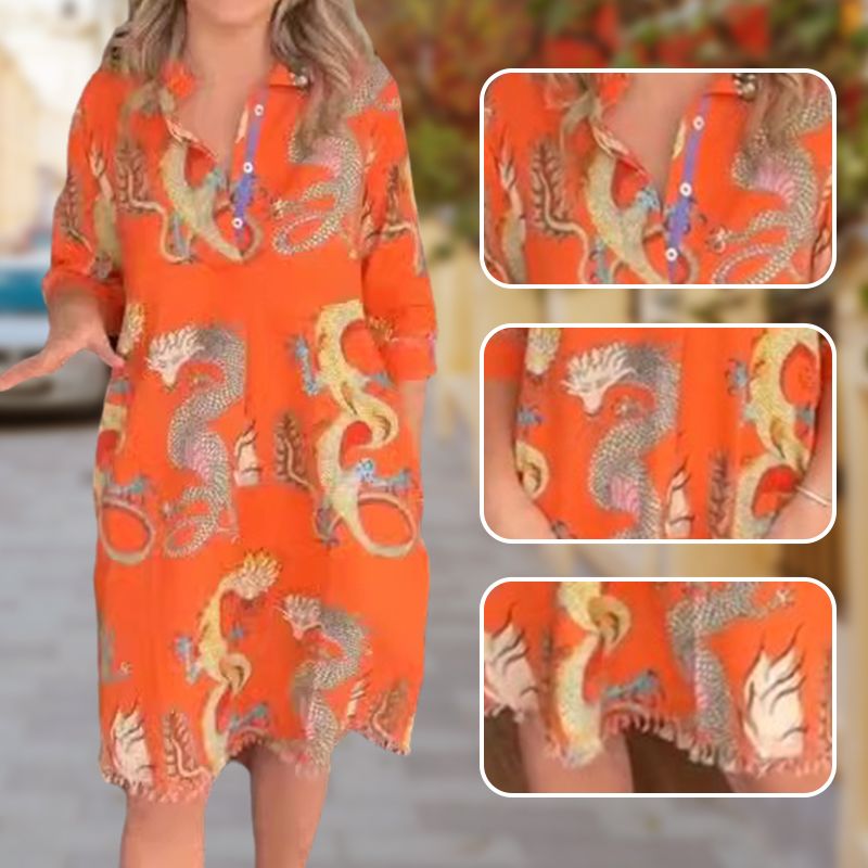 Lässiges elegantes Kleid mit Drachenprint und Hemdkragen für Damen