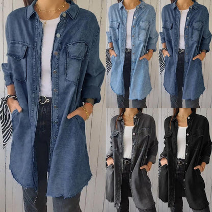 💥 Bequemes Revers-Mantelhemd aus Denim-Imitat für Damen