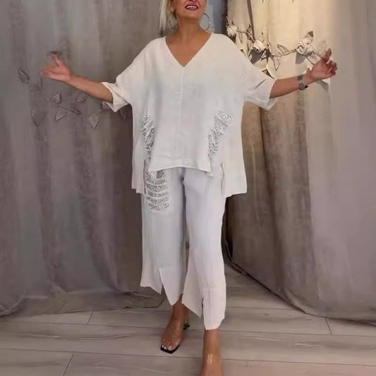 💥49% RABATT 💕2-teiliges Set aus Baumwollleinen mit V-Ausschnitt für Damen