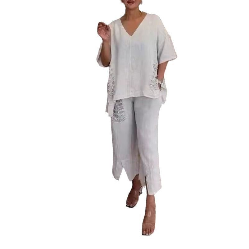 💥49% RABATT 💕2-teiliges Set aus Baumwollleinen mit V-Ausschnitt für Damen