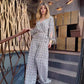 Trendiges bedrucktes 2-teiliges Set: Lockeres Langarmoberteil + Hose mit hoher Taille und weitem Bein