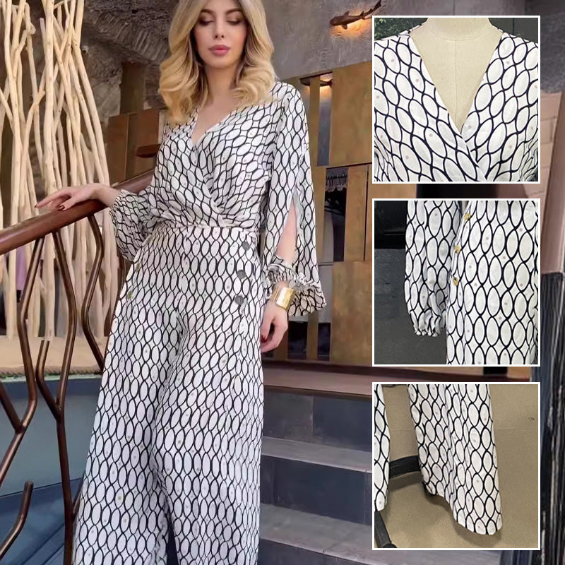 Trendiges bedrucktes 2-teiliges Set: Lockeres Langarmoberteil + Hose mit hoher Taille und weitem Bein