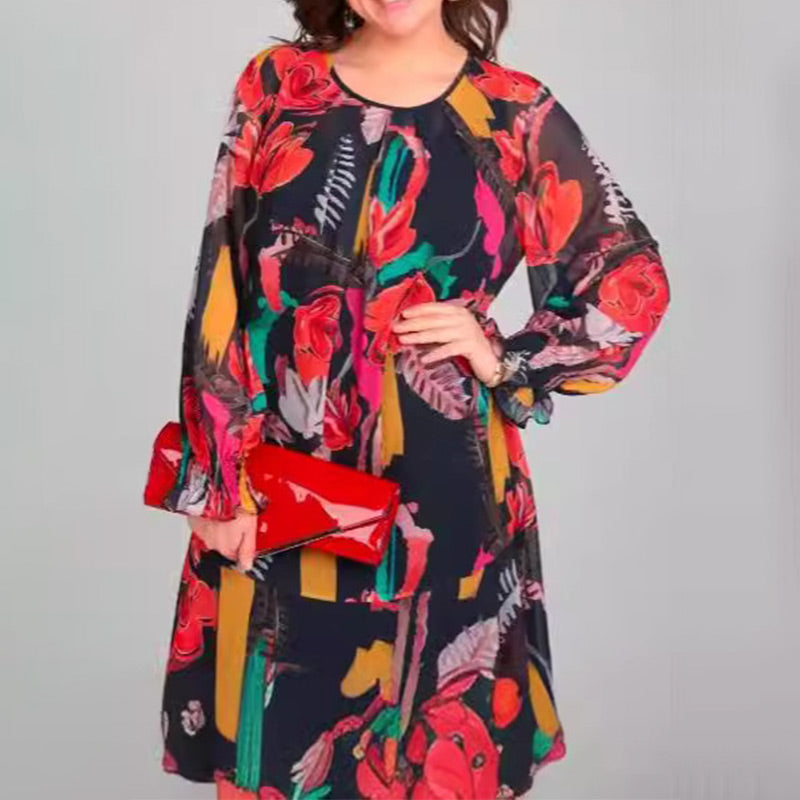 💃Langärmeliges, leichtes Kleid mit Rundhalsausschnitt und Blumenmuster