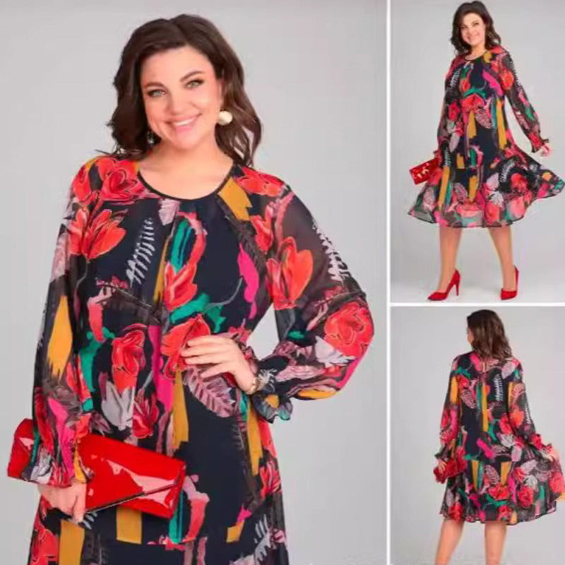 💃Langärmeliges, leichtes Kleid mit Rundhalsausschnitt und Blumenmuster