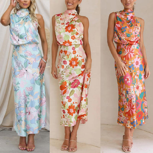 ✨Love In The Garden Floral Halter Neck Elastische Taille Maxi Kleid