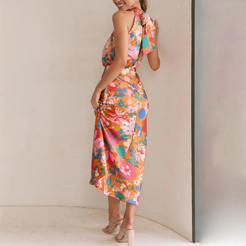 ✨Love In The Garden Floral Halter Neck Elastische Taille Maxi Kleid