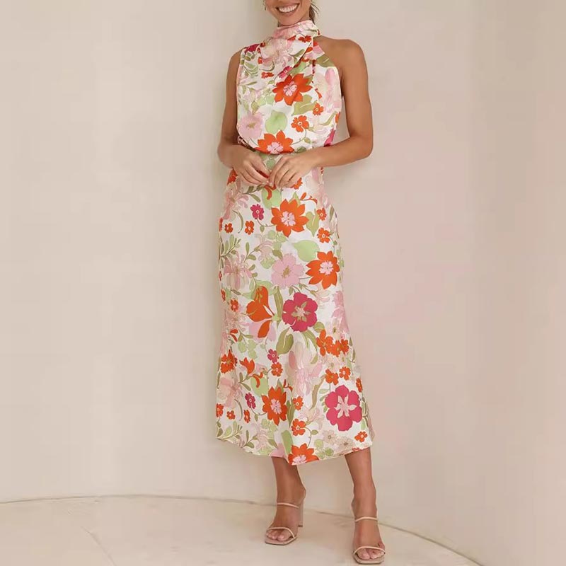 ✨Love In The Garden Floral Halter Neck Elastische Taille Maxi Kleid