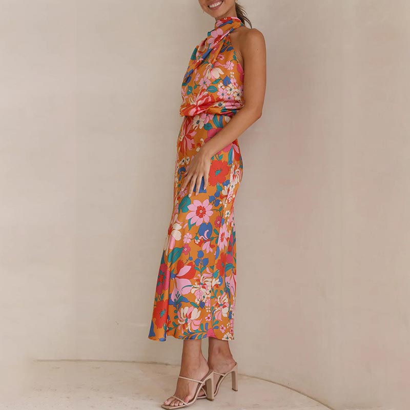 ✨Love In The Garden Floral Halter Neck Elastische Taille Maxi Kleid